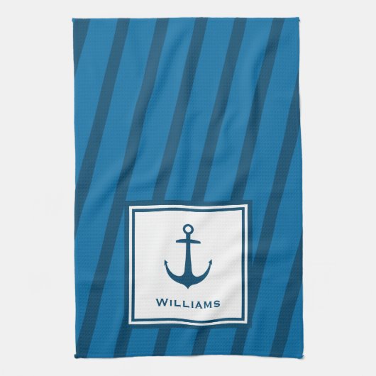 Moderne marine Striped Nautical Achternaam Anchor Theedoek (Verticaal)