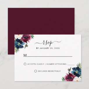 Moderne marineblauw Bourgogne Elegant Floral Weddi RSVP Kaartje