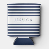 Moderne marineblauw gestreepte aangepaste naam blikjeskoeler (Voorkant)