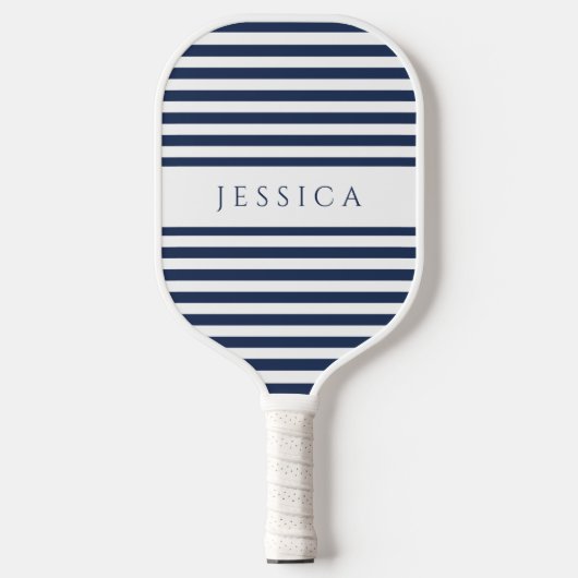 Moderne marineblauw gestreepte aangepaste naam pickleball paddle (Voorkant)
