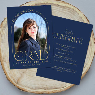 Moderne marineblauw gouden boog foto grad feest kaart