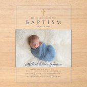 Moderne marineblauw Religieuze Kruisjongen Baptism Acryl Uitnodigingen (Voorkant)