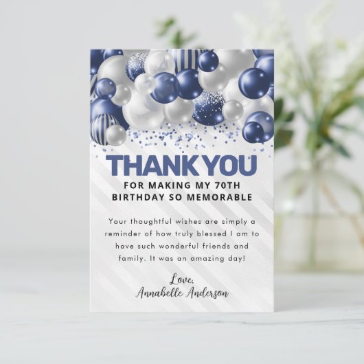 Moderne marineblauw Silver-ballon Glitter Birthday Bedankkaart (Staand voorkant)