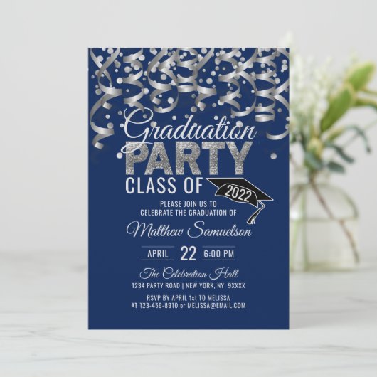 Moderne marineblauw zilver Glitter GRADUATION Part Kaart (Staand voorkant)