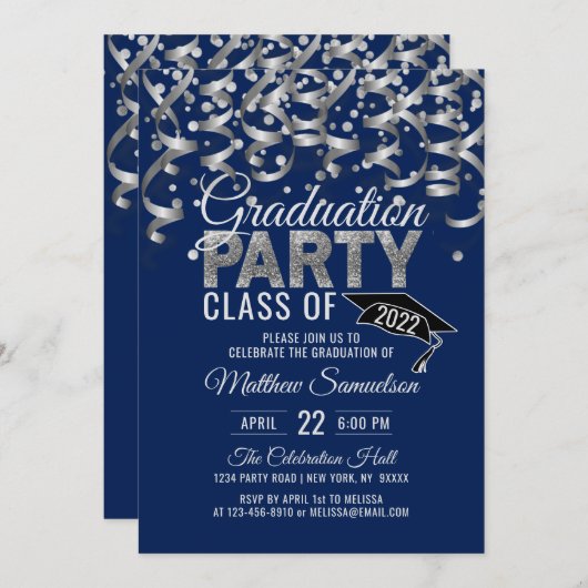 Moderne marineblauw zilver Glitter GRADUATION Part Kaart (Voorkant / Achterkant)