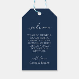 Moderne marineblauwe bruiloft welkomstmand tas cadeaulabel