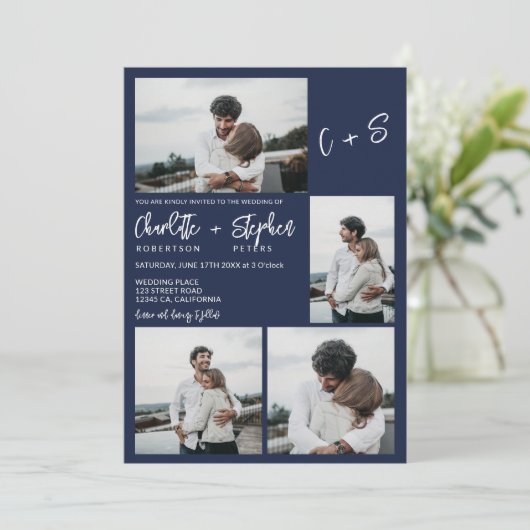Moderne marineblauwe casual initialen 5 foto's bru kaart (Staand voorkant)