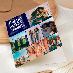 Moderne marineblauwe foto's collage grid 21 verjaa kaart