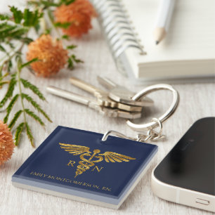 Moderne marineblauwe gouden caduceus RN-verpleegku Sleutelhanger