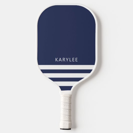 Moderne marineblauwe strepes gepersonaliseerd pickleball paddle (Achterkant)