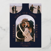 Moderne marineboog 4 foto's bruiloft met de datum folie uitnodiging (Voorkant)