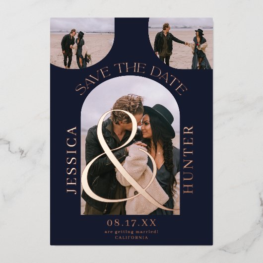 Moderne marineboog 4 foto's bruiloft met de datum folie uitnodiging (Voorkant)