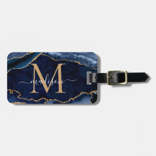 Moderne marinemonogram blauw goud geode Girly Bagagelabel