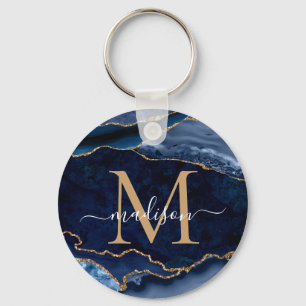 Moderne marinemonogram blauw goud geode Girly Sleutelhanger