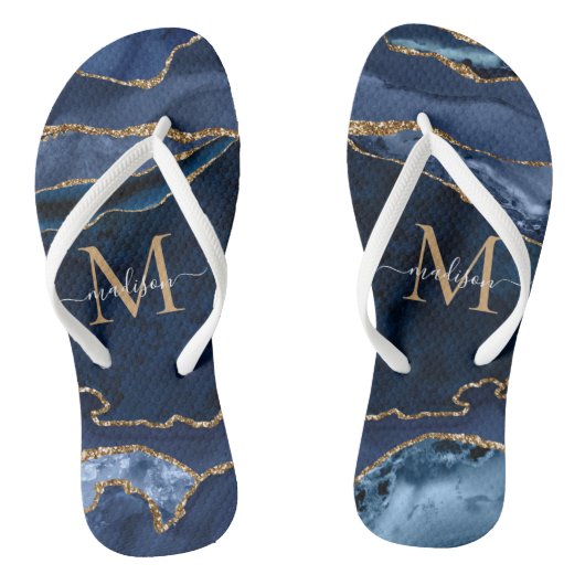 Moderne marinemonogram blauw goud geode Girly Teenslippers (Voetbed)