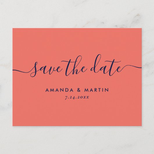 Moderne marinesblauwe en koraalbruiloft bespaart d aankondigingskaart (Voorkant)