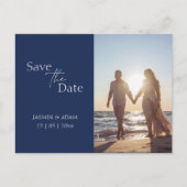 Moderne marinesblauwe foto bruiloft sparen datum briefkaart (Voorkant)