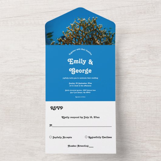 Moderne marinevlek onderwater Zee visrif bruiloft All In One Uitnodiging (Binnen)