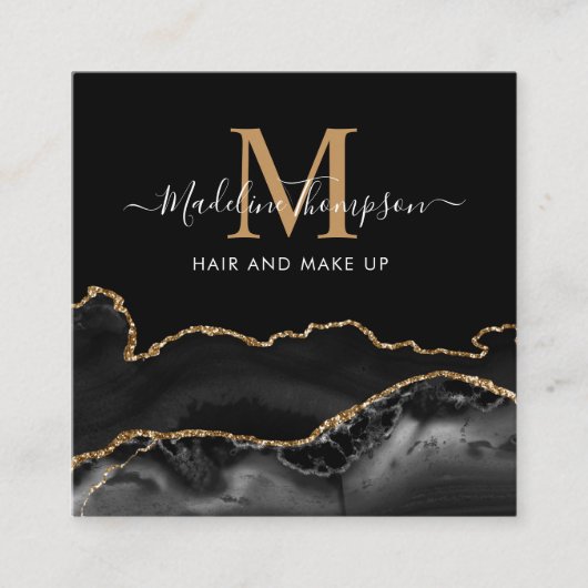 Moderne marmer Black Gold QR Code Monogram Vierkante Visitekaartje (Voorkant)