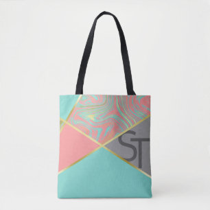 Moderne marmer Coral Pastel Gold Monogram Draagtas
