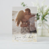 Moderne marmer Fade White met Gold Custom Photo Save The Date (Staand voorkant)