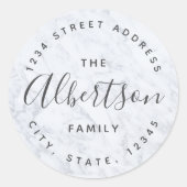Moderne Marmer Familie Naam Retouradres Ronde Sticker (Voorkant)