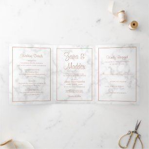 Moderne marmer Roos Gold Script Weddenschap Drieluik Uitnodiging
