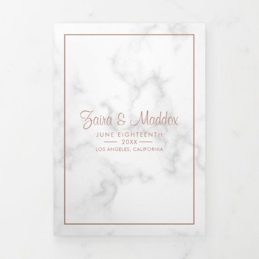 Moderne marmer Roos Gold Script Weddenschap Drieluik Uitnodiging (Cover)