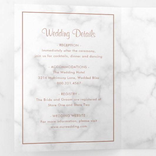 Moderne marmer Roos Gold Script Weddenschap Drieluik Uitnodiging (Binnenzijde eerst)