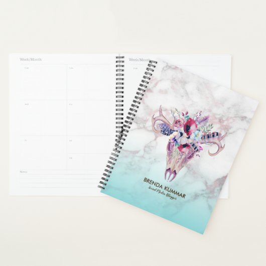 Moderne Marmeren Ombre & Bloemen Boho schedel Planner (Display)