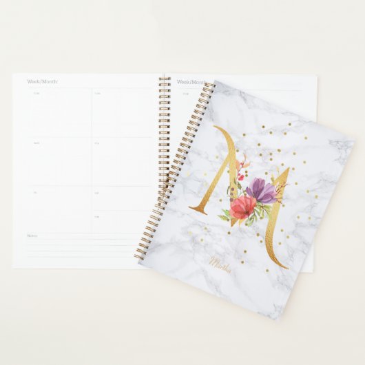 Moderne Marmeren Waterverf Gouden Monogram Letter Planner (Display)