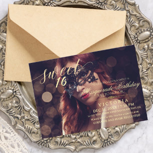 Moderne Masquerade Sweet 16 Verjaardagsfoto Kaart