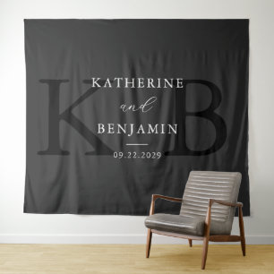 Moderne Mat Zwart Monogram Huwelijksachtergrond Wandkleed
