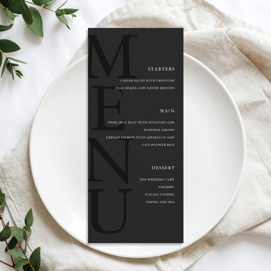 Moderne matte zwarte minimalistische bruiloft menu
