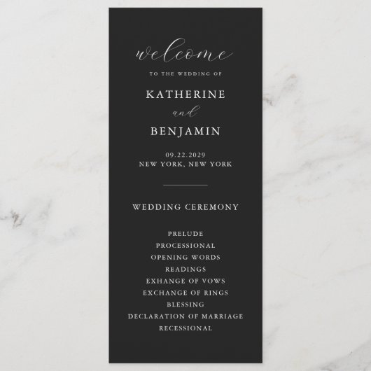 Moderne matte zwarte minimalistische bruiloft programma (Voorkant)