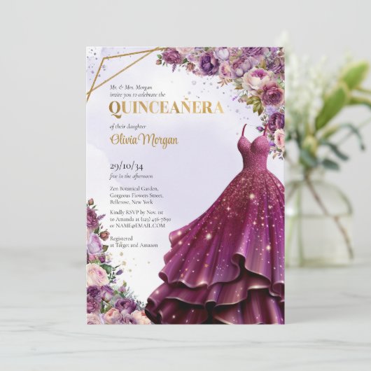 Moderne mauve en gouden bloemige formele lange jur kaart (Staand voorkant)