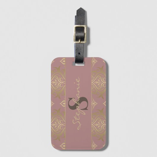 Moderne  Mauve en gouden damast monogram Bagagelabel (Voorkant (verticaal))