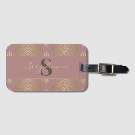 Moderne  Mauve en gouden damast monogram Bagagelabel (Voorkant (horizontaal))