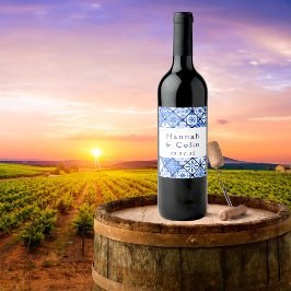 Moderne mediterrane blauwe Tegel bruiloft Wijn Etiket