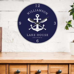 Moderne meerhuis familienaam nautisch marineblauw grote klok