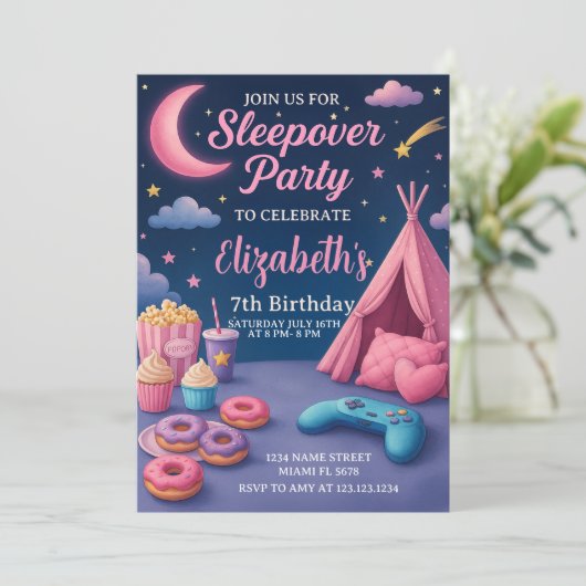 Moderne Meisjes Slumber Party Kaart (Staand voorkant)