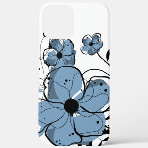 Moderne Meisjesachtige Blauwe en Zwarte Bloemen iPhone 12 Pro Max Hoesje