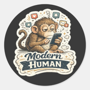 Moderne Mens Funny Monkey Smartphone Sociale Media Ronde Sticker