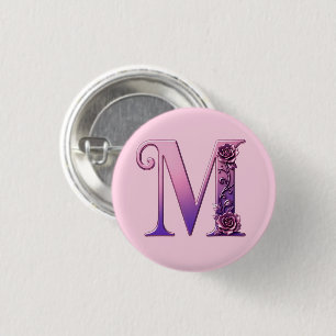 Moderne Metalen Rosemaling Letter M, Roze/Paars Ronde Button 3,2 Cm