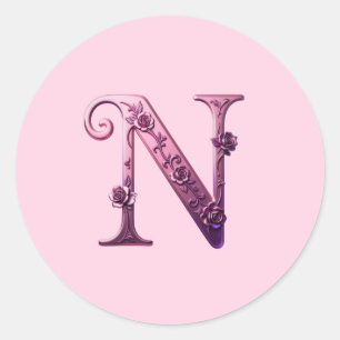 Moderne Metalen Rosemaling Letter N, Roze/Paars Ronde Sticker