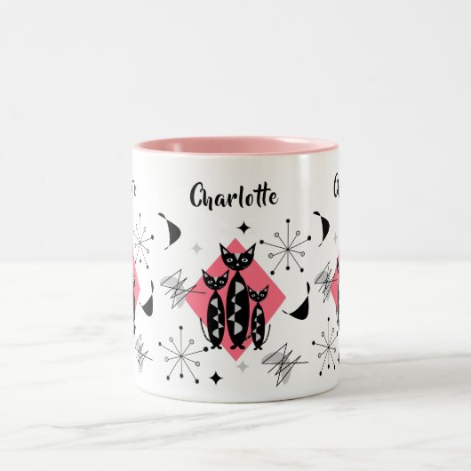 Moderne middenklasse retro-katten die speciaal zij tweekleurige koffiemok (Center)