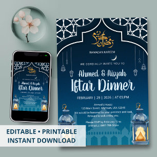 Moderne Midnight Blue & Gouden Lantern Iftar Kaart