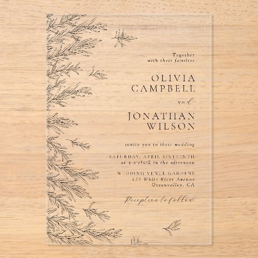Moderne Minimaal Bladeren Botanische Trouwdag Acryl Uitnodigingen (Voorkant)