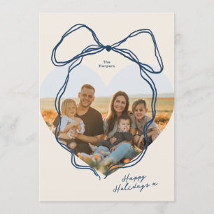 Moderne Minimaal Blauwe Strik Hartvormige Familie Feestdagenkaart