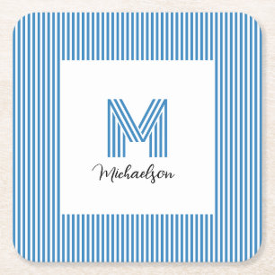 Moderne Minimaal Kust Blauw Strepen Monogram Vierkante Kartonnen Onderzetter